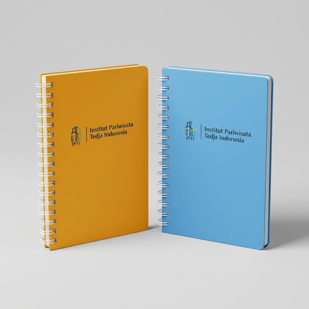 Notebook spiral custom warna kuning dan biru dengan logo